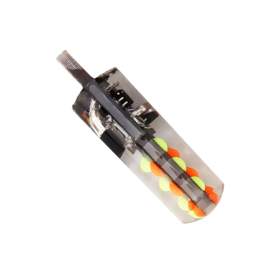 T10 wedge LED bulb with multicolor COB LED cluster, angled side view