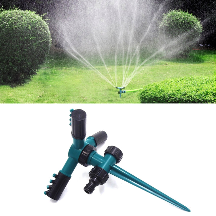 Teal/green 360 rotating garden sprinkler with three-arm sprayers and spike base
