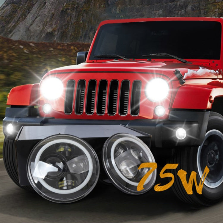 7-inch round LED headlight lamps on a red Jeep, bright white twin lights
