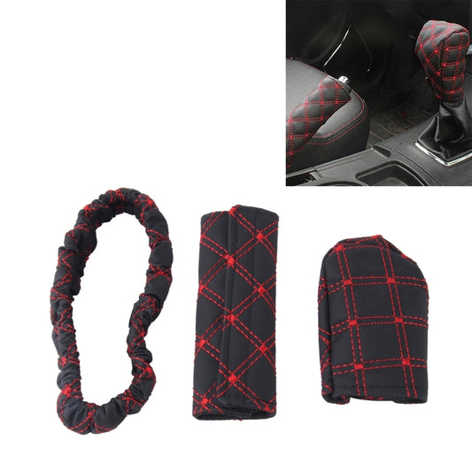 3-piece car interior cover set, black with red stitched grid for handbrake and gear knob