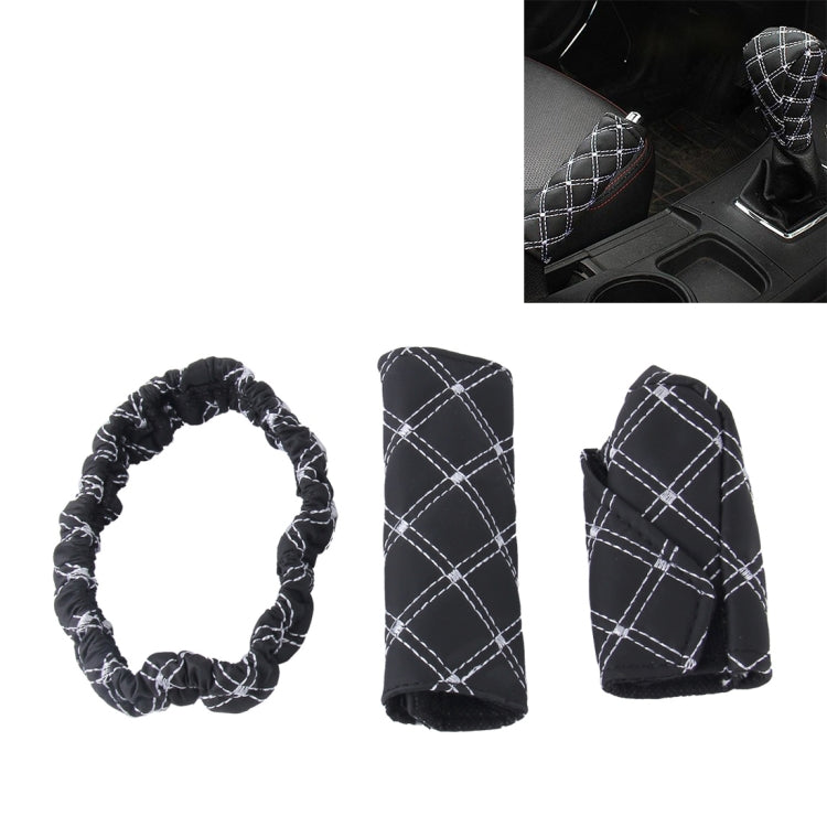 3-piece car interior cover set, black with white stitched plaid for handbrake and gear knob