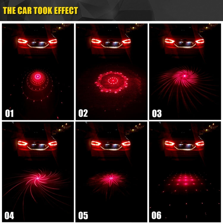 Red car rear-end laser warning lamp projecting ring, burst, and fan-shaped light patterns