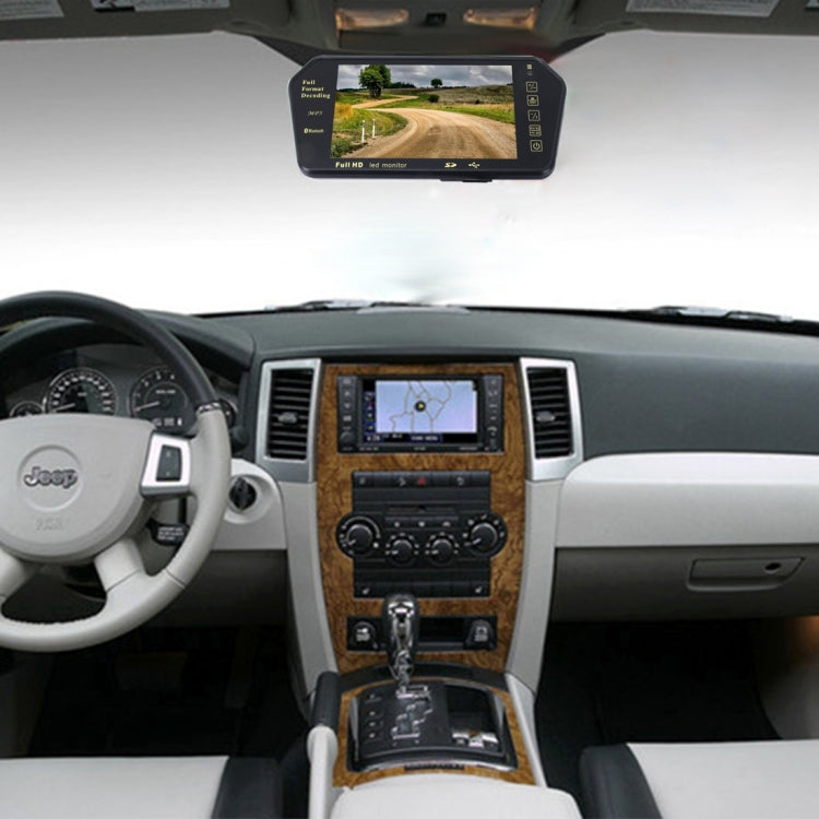Car interior with rear-view TFT-LCD monitor mounted overhead, showing road image