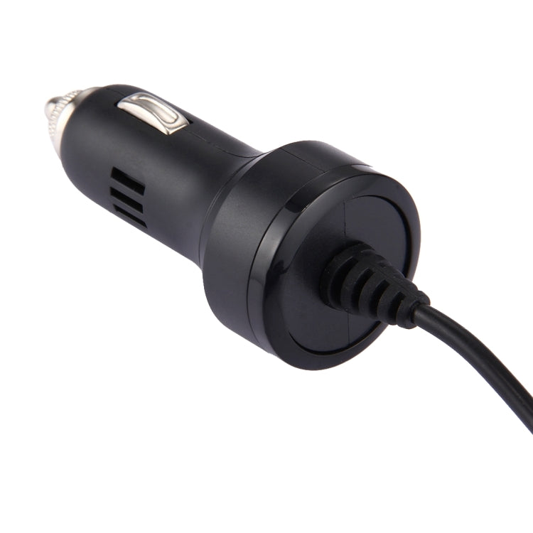 Black car charger adapter end view with USB-C cable and metal pins