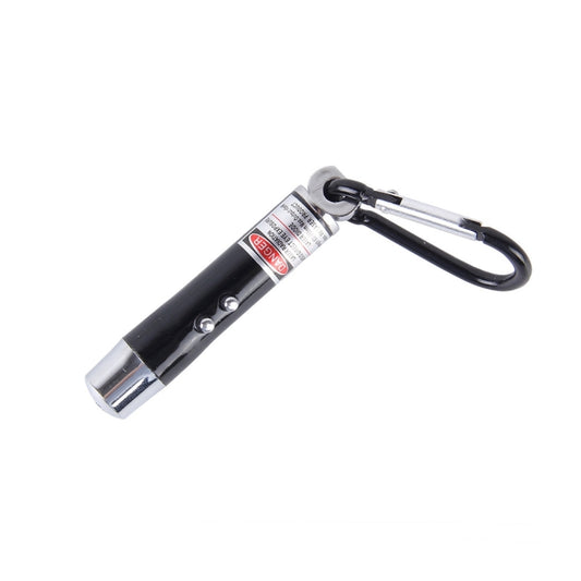 Black mini LED keychain flashlight with metal silver end cap and keyring clip