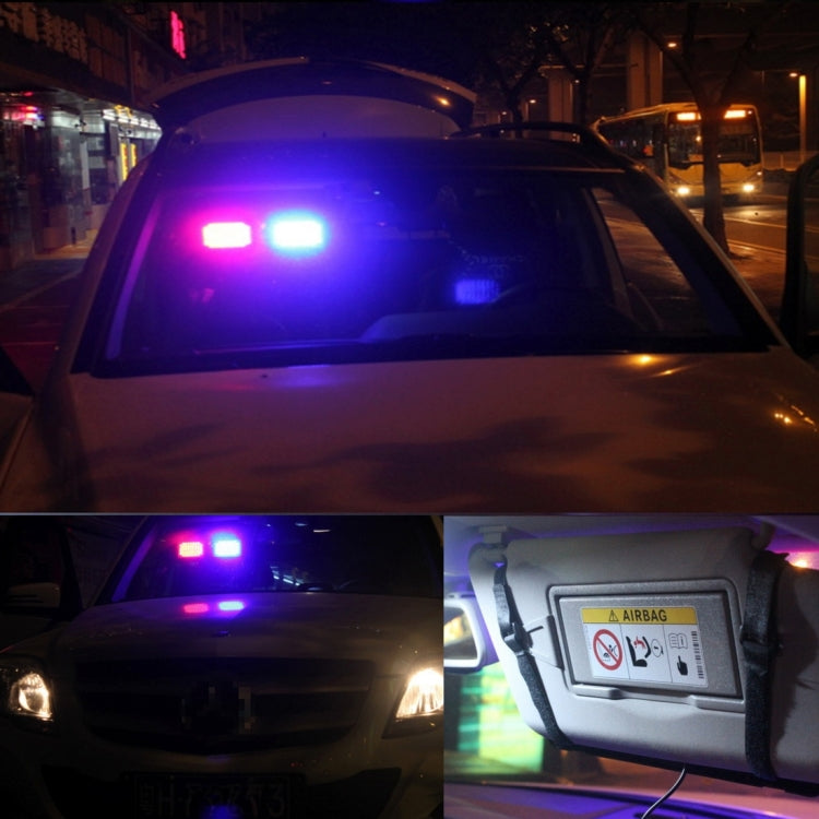 Car LED strobe warning light flashing bright blue-purple near windshield and interior