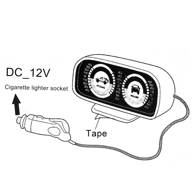 Car inclinometer gauge kit for DC 12V cigarette lighter socket with tape mounting