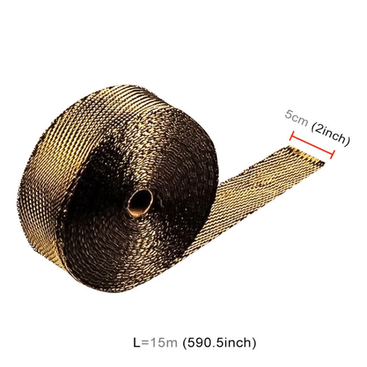 Gold-toned exhaust heat shield wrap roll, 5 cm width and 15 m length shown