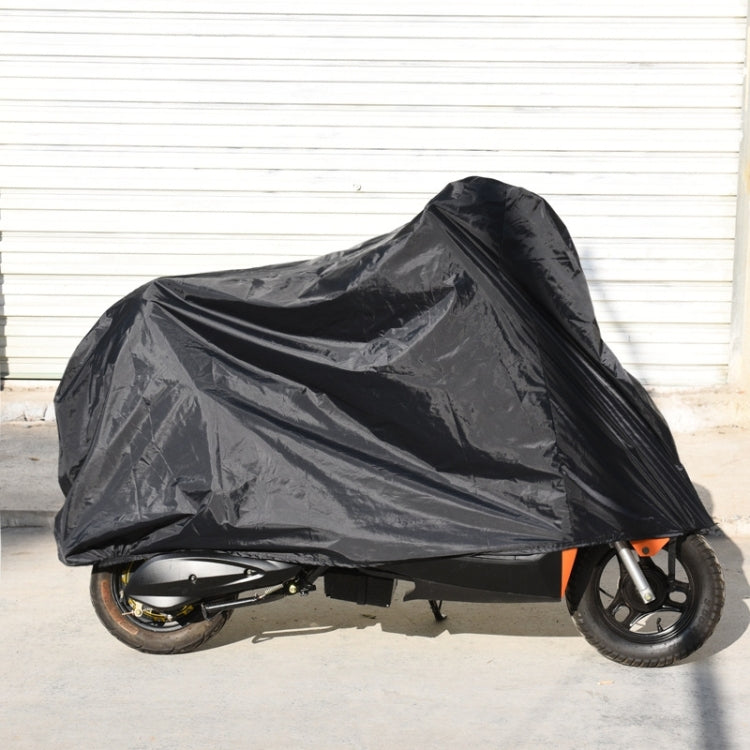 Black fitted motorcycle cover over parked scooter, full-coverage hood and straps