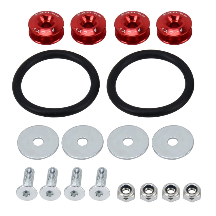 Car screw gasket kit with red caps, black rubber rings, washers, bolts, and nuts.