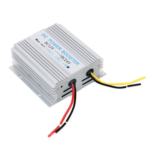 Aluminum DC power booster converter with 12V-24V terminals and red/black/yellow wire leads