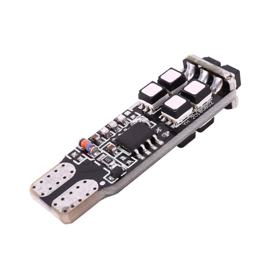 RGB T10 LED marker light bulb with side view of SMD chips and metal contact base