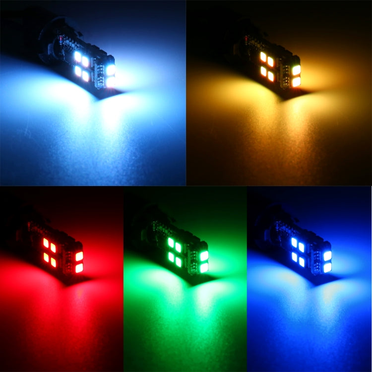 RGB T10 LED marker lights glowing in multiple colors: blue, yellow, red, green