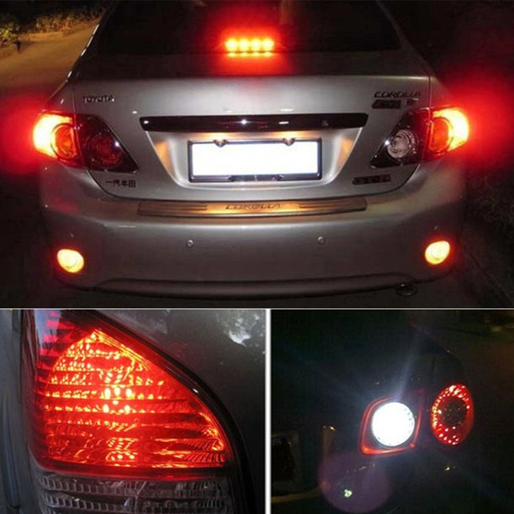 Car rear with glowing 7440 LED brake/turn lights, red main light and amber indicator.