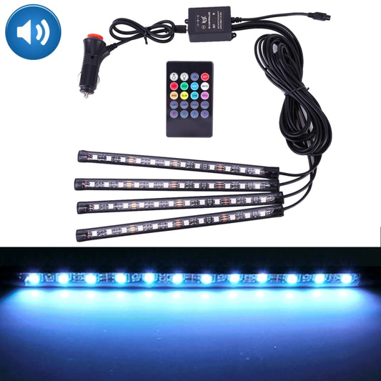 4-in-1 car LED atmosphere light set with 4 strips, remote, and DC power adapter