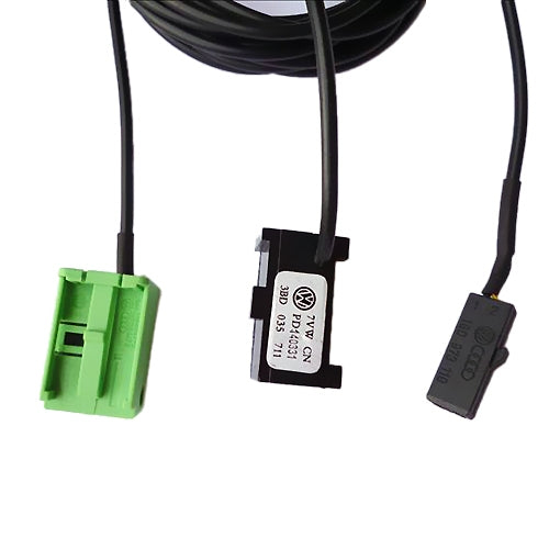 Car phone microphone harness connectors: green plug, black module, and dark inline plug
