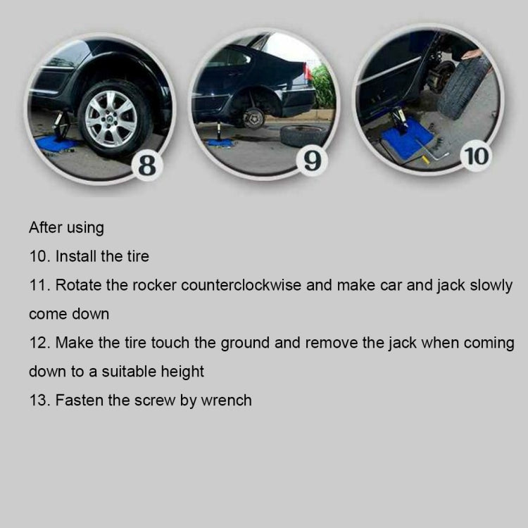 Car tire support with scissor jack shown after use, with wrench