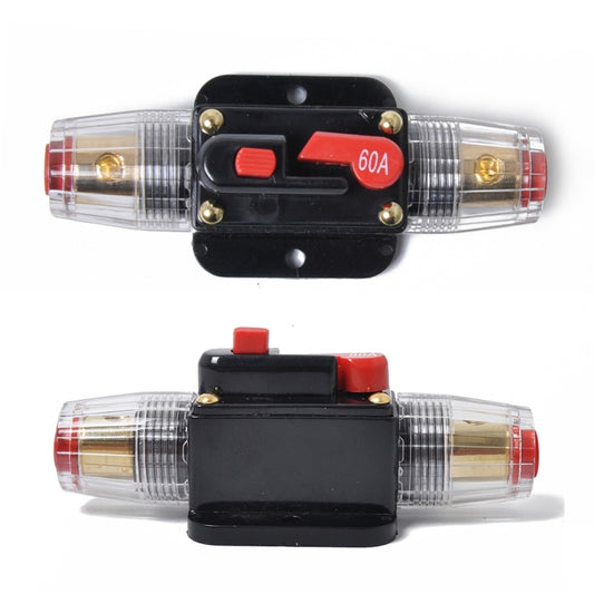 60A DC inline fuse holder with red 60A marking on black housing