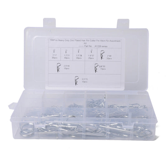 Zinc-plated cotter R clip pins set with labeled size chart in plastic case