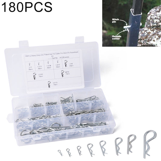 Zinc-plated cotter R clip pin set in clear compartment box, 180 pieces