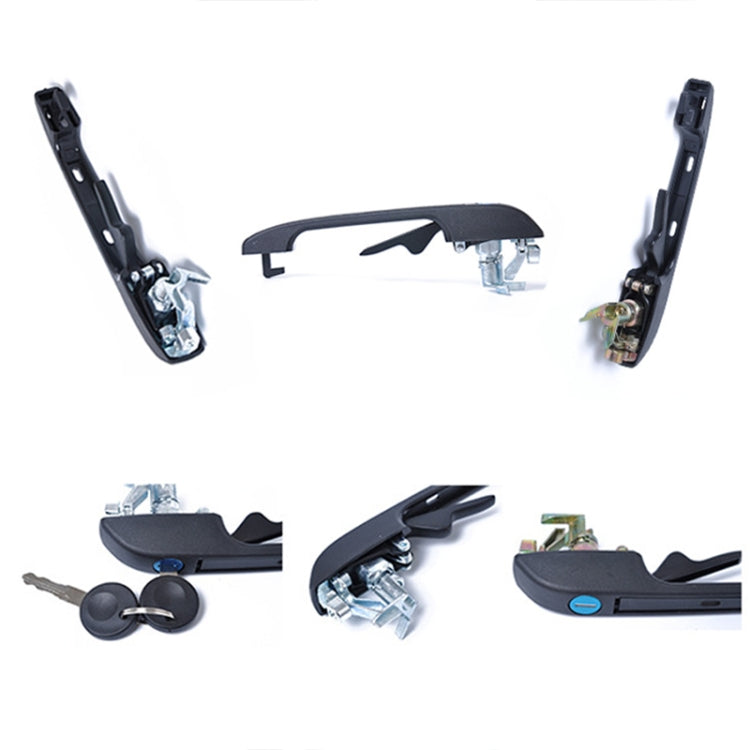 Door handle assembly with mounting brackets, lock hardware, and keys—black.