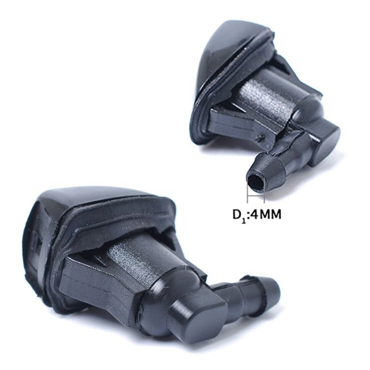 Windshield washer jet nozzles (2 pcs), D:4mm outlet, black molded plastic fittings.