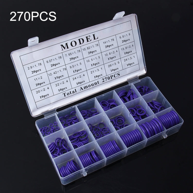 Car O-ring assortment kit with purple O-rings in organizer case and size chart