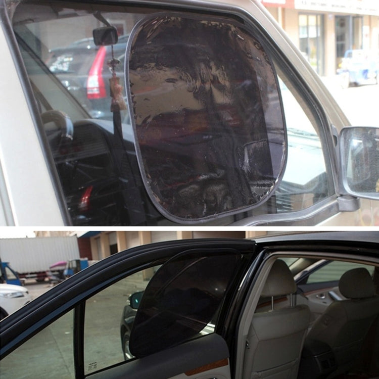 Two dark navy static cling car side window sunshades installed on doors