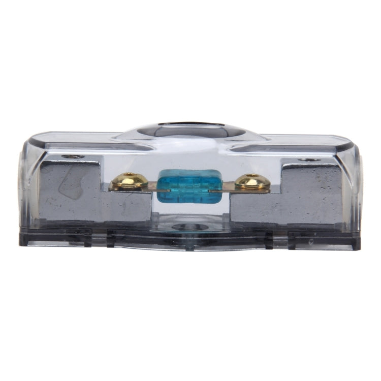 Blade fuse holder front view with fuse element and two brass terminal caps