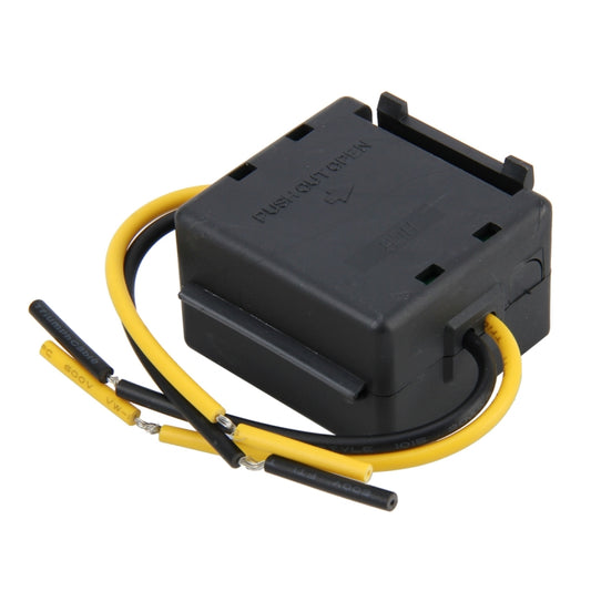 DC step-down transformer with mounting clips and attached black and yellow power leads