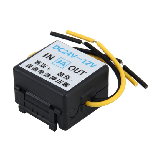 DC 24V to 12V step-down transformer with black and yellow wires, 3A rating