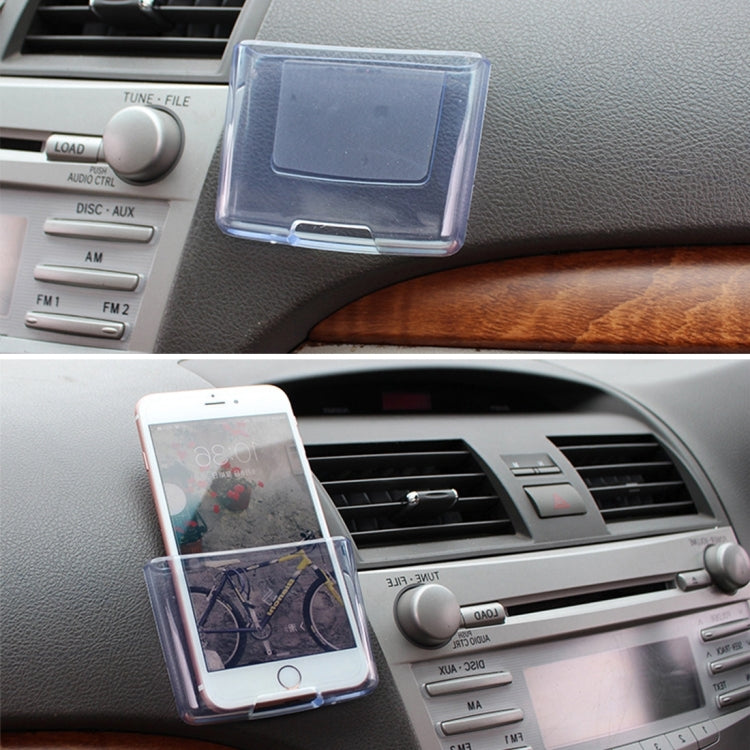 Transparent phone holder box holding a smartphone with clear protective cover