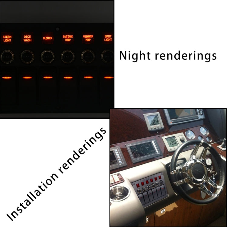 6-way switch panel with red illuminated buttons shown for night rendering and install
