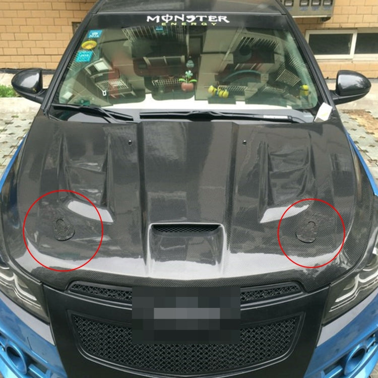 Two black hood lock mounts on car hood with circular base openings