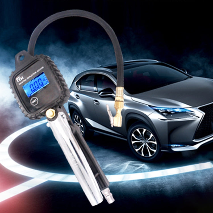 Digital tire pressure inflator gauge with hose connected to car tire valve