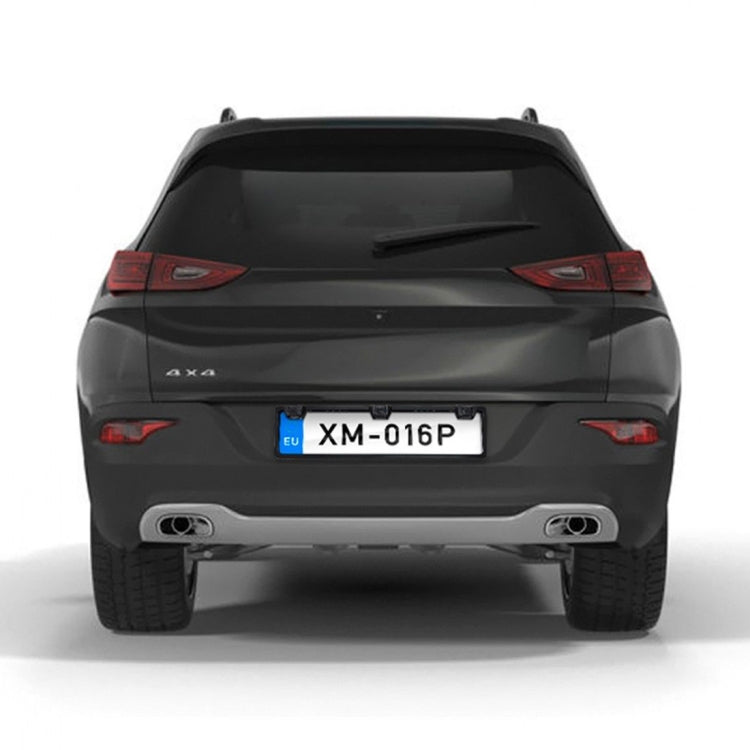 Car back view of centered license plate frame with rear camera on dark bumper