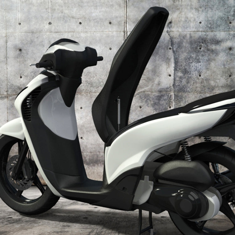 Motorcycle scooter with raised seat and visible hydraulic linkage