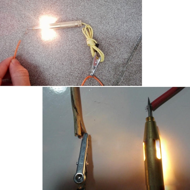 Circuit tester pen and crocodile clip, showing lit output and connected wire
