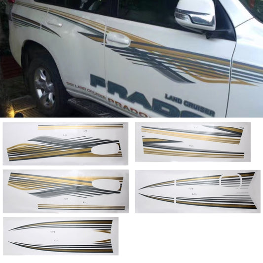 Car body decorative stripe sticker set with gold, black, and silver racing lines