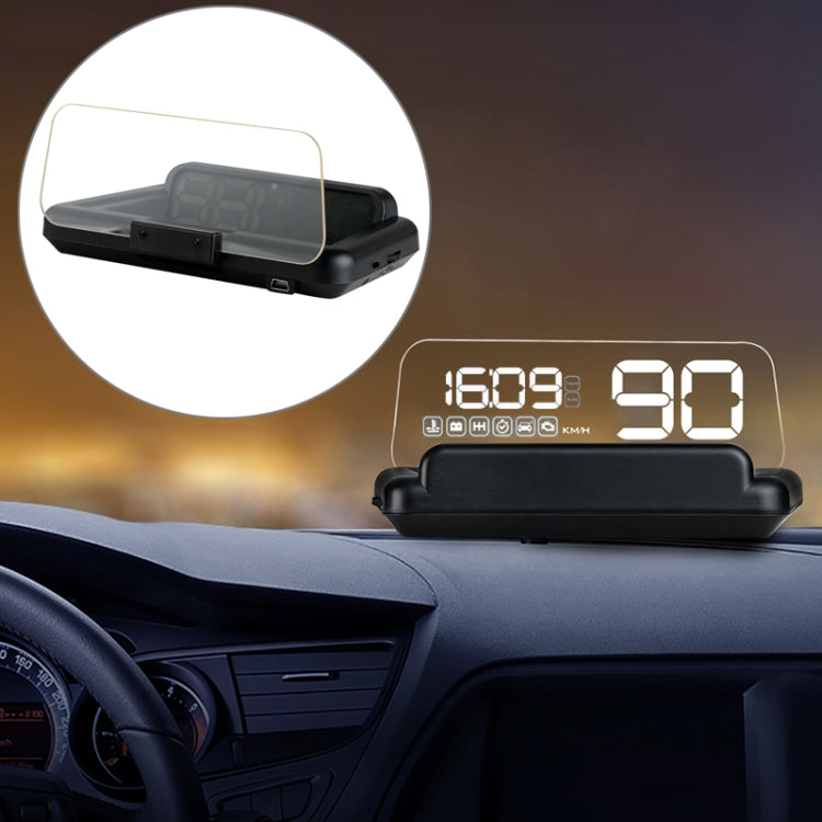 Car head-up display unit with blue-green digits and large white number, plus port view