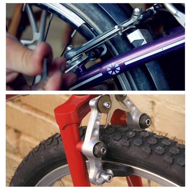 V-brake on bicycle frame with red brake shoe pad and silver arm hardware