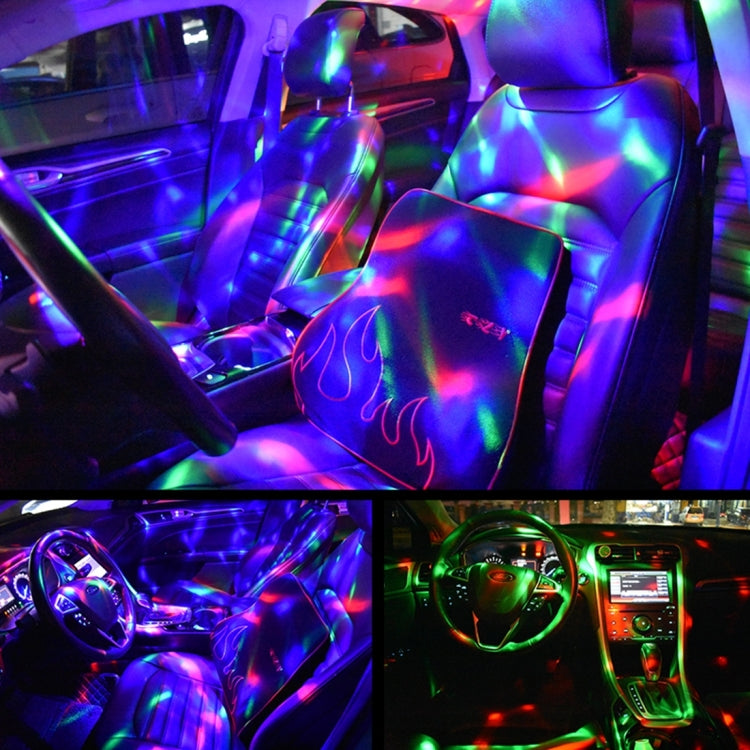 Portable DJ lights glowing colorful patterns across car seats and dashboard