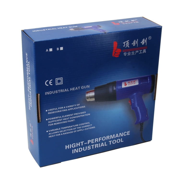 Industrial heat gun product box with blue-and-black tool illustration and control