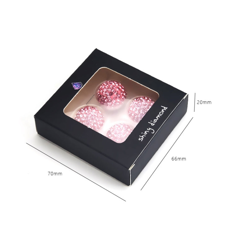 Pink rhinestone air valve cap set in retail gift box, three round gem bead caps visible