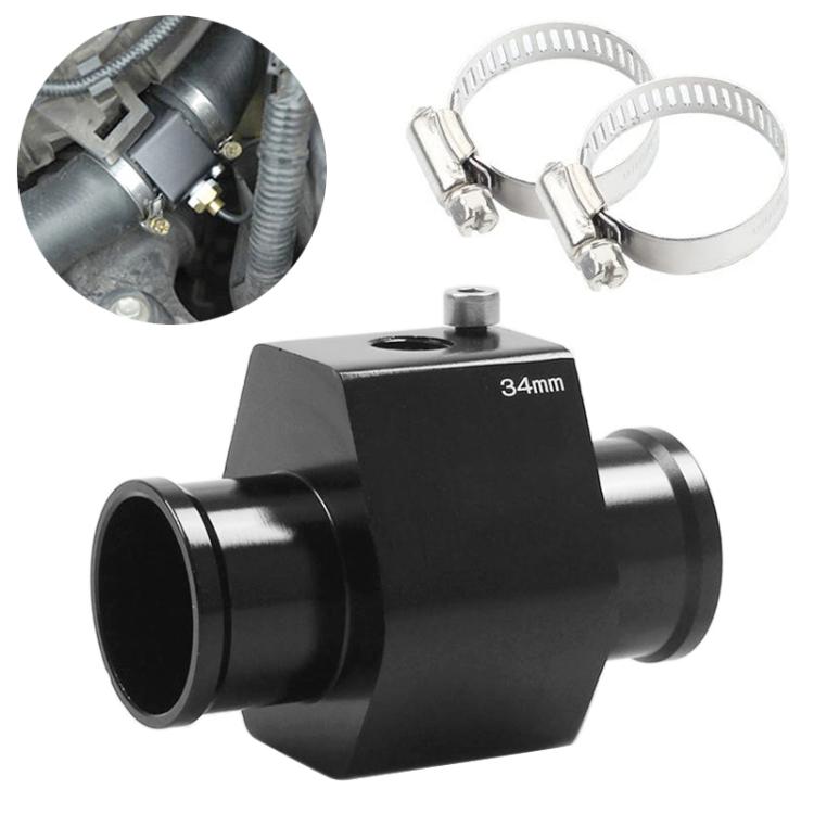 Black radiator temperature sensor adaptor with 34mm joint and included hose clamps