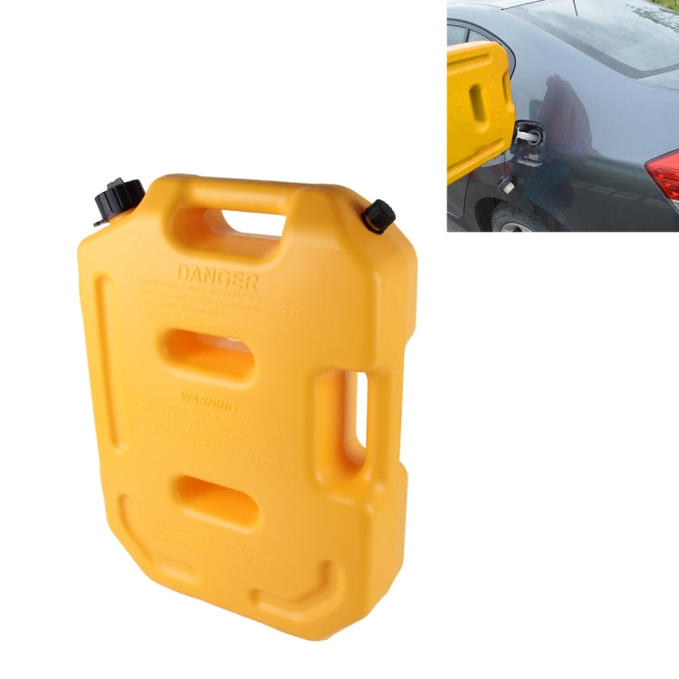 Yellow plastic fuel can with carry handle and black spout cap