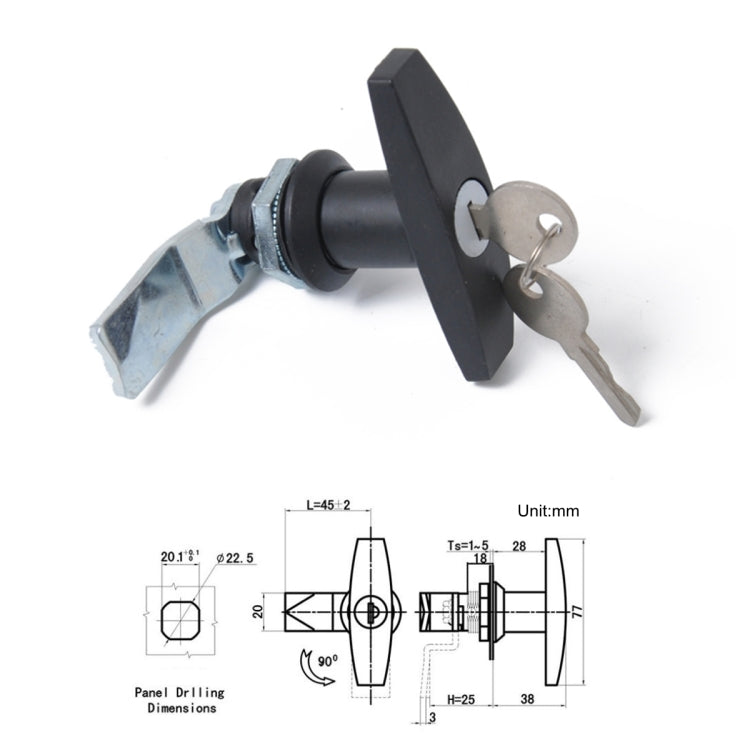 Black T-handle door latch with keys and size diagram