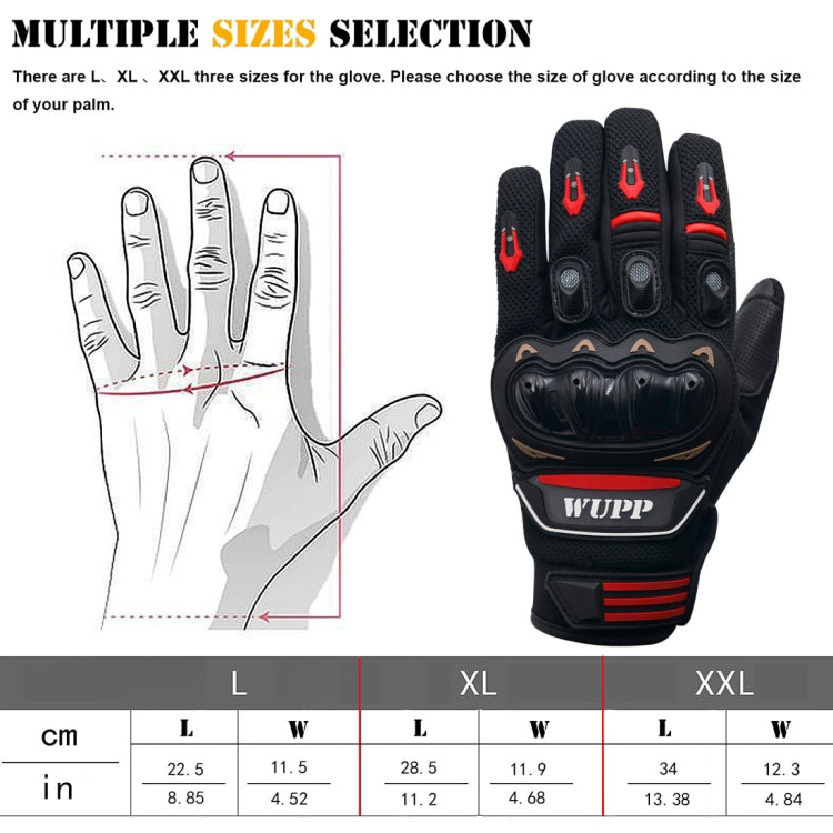Black motorcycle glove showing size chart layout and XXL front glove with red stripes