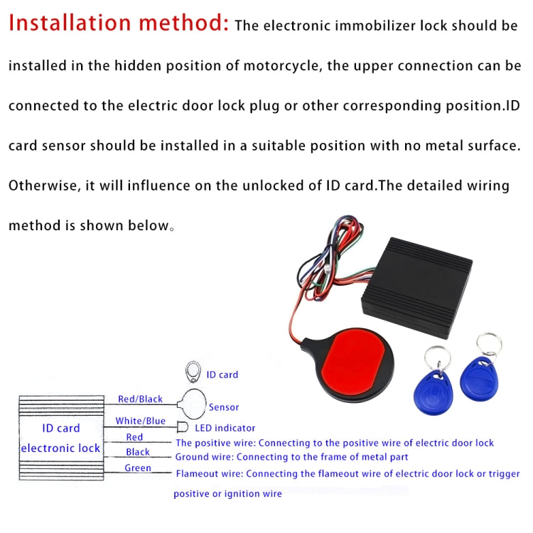 Wiring setup showing sensor pad, black control unit, and blue key fobs