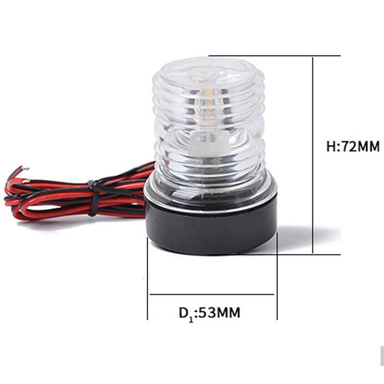 Marine LED navigation light with H72mm and D53mm markings, clear lens and black base